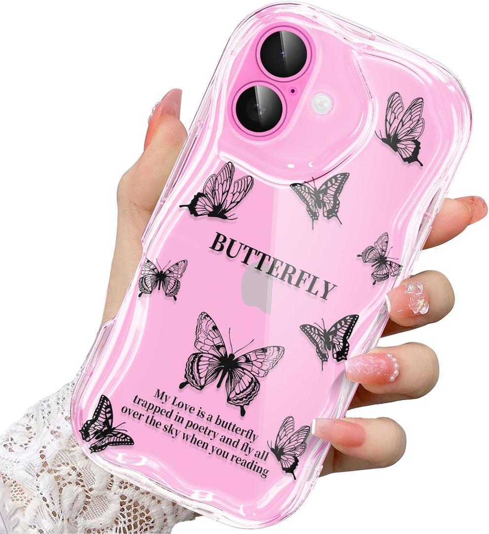 2 x Compatible for iPhone 16 Case, Pretty Butterfly Print Three-Dimensional Wave Clear Case for Girls Women, Soft Full Package Anti-Fall Cover for iPhone 16, Shadow Dance Black