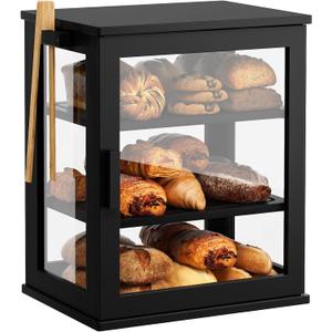 WOWLIVE Black Bread Box for Kitchen Countertop, Large 3 Layers Bread Storage Container for Homemade Bread with Window, Farmhouse Breadbox Organizer for Kitchen, Cabinet, Pantry (Black, Meduim)