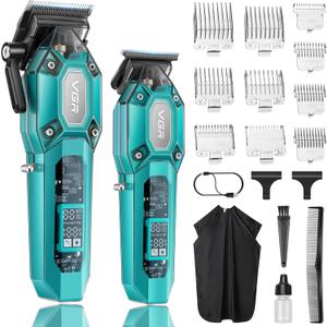 VGR Professional Hair Clippers for Men, Cordless Barber Clippers and Trimmers Set, Mens Hair Cutting Kit with 10 Guide Combs, USB Rechargeable Haircut Machine for Family, LED Display, Green