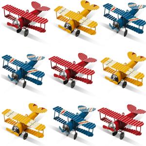 Therwen 9 Pcs Metal Airplane Decorations Vintage Airplane Ornament Hanging Iron Biplane Models Retro Plane Aircraft for Christmas Birthday Home Decor Room Desktop Ornament Photo Props, Red Blue Yellow