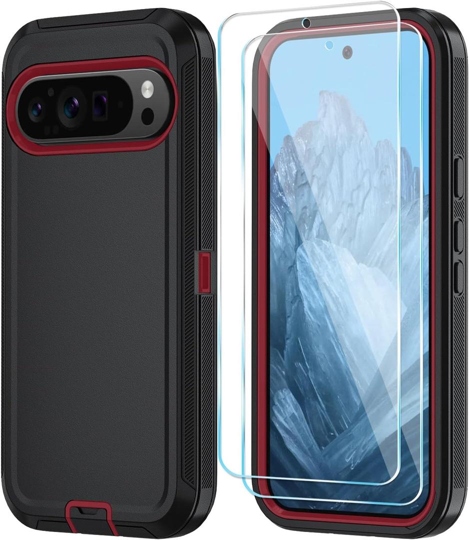 Qinmay Phone Case for Google Pixel 10/10 Pro Case with HD Screen Protector, Heavy Duty Shockproof & Dropproof 3-Layer Cover Phone Case for Pixel 10/10 Pro,BlackRed