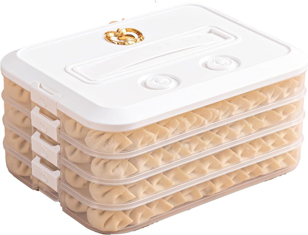 4-Layer Food Storage Containers with Lids,Cookie Storage Containers,Good Sealing Dumpling Box,Stackable Snack Container, Time Recoder, White/Tan