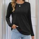 ATHMILE Womens Long Sleeve Shirts Pleated Business Casual Basic Tunic Tops Fall Tees Clothes (Black, XXL)