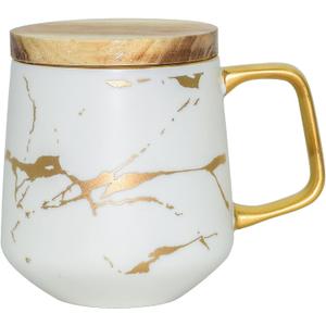 LUCCK Ceramic Coffee Mug with Wooden Lid 14.5 OZ Tea Cup Luxury Gold Inlay Marble Pattern Ceramic Mug Coffee Tea Mug Gift for Women Wife Girl Grandma (White),1 Count (Pack of 1)