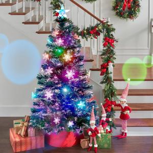 Juegoal 5 ft Pre-Lit Artificial Christmas Tree, Lighted Optical Fiber Xmas Trees with RGB Color Changing LED Lights, Snowflakes & Top Star, Festive Party Holiday Fake Multicolored Tree with Metal Legs (Green)