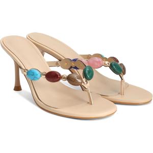 Jeweled Flip Flop Kitten Heels for Women Open Toe Beaded Strappy High Heels Sandals Slip On Thong Heeled Mules Mid Heel Fashion Party Dress Shoes, 9