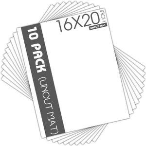 Mat Board Center, Pack of 10 16x20 White Uncut Mat Boards, Acid Free, 4-Ply Thickness, White Core, Great for Pictures, Photos, Framing Backing