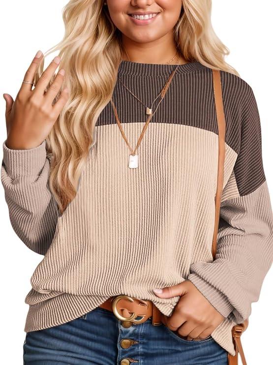 Plus Size Sweaters for Women Dressy Long Sleeve Shirts Business Casual Ribbed Knit Tops Dark Brown Khaki XL