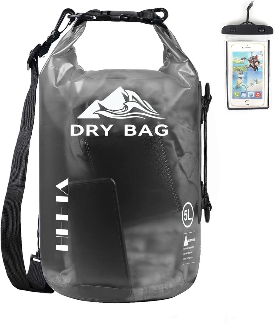 HEETA Dry Bag Waterproof for Women Men, Roll Top Lightweight Dry Storage Bag Backpack with Phone Case for Travel Swimming Boating Kayaking Paddle Board Camping Beach Accessories(Transparent Black,20L)