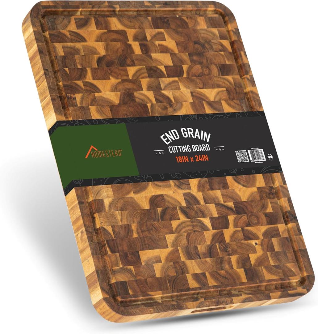 HOMESTEAD End Grain Acacia Cutting Board 23x18x1.5 - Large Butcher Block with Juice Groove & Easy-Grip Handles, Knife-Friendly Wood Chopping Board for Meat, Vegetables & Serving