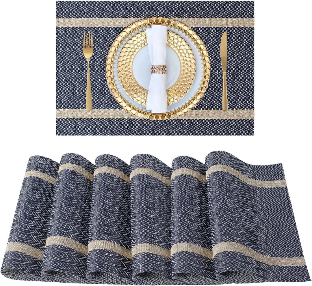 FAVE Placemats Set of 6 Blue Placemats Woven with Golden Thread Durable and Wipeable Vinyl Placemat Heat Resistant Table Mats Set of 6 High Texture Place Mats for Kitchen TableBlue placemat (12"x18"-6PCS)