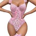 Aranmei Women Sexy Lingerie Bodysuit Floral Lace Teddy Babydoll Snap Crotch Ruffle One Piece with Thigh Bands (Medium, Pink)