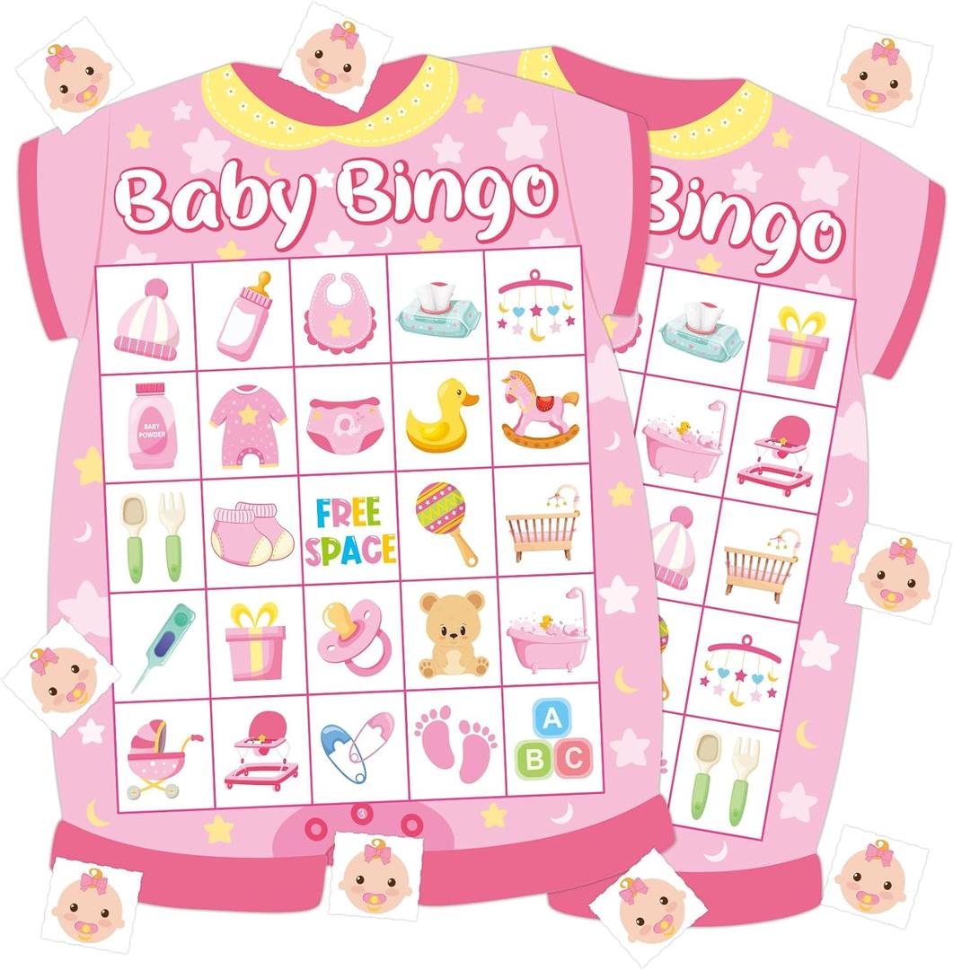 24 Player Baby Shower Bingo Cards - Pink Newborn Baby Bingo Party Activity Supplies
