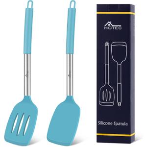 HOTEC Silicone Spatula Set of 2 Heat-Resistant 600F & BPA-Free Kitchen SaptulaTurner with Stainless Steel Handles, Slotted & Solid Spatulas for Nonstick Cookware, 13.7 Inch, Blue