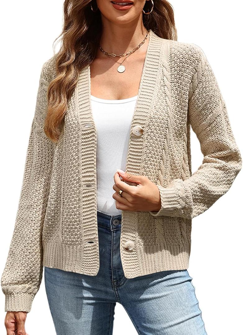 VIMPUNEC Womens Fall Casual Cardigan Sweaters Chunky Cable Knit Jackets Long Sleeve Open Front Coats (Beige, M)