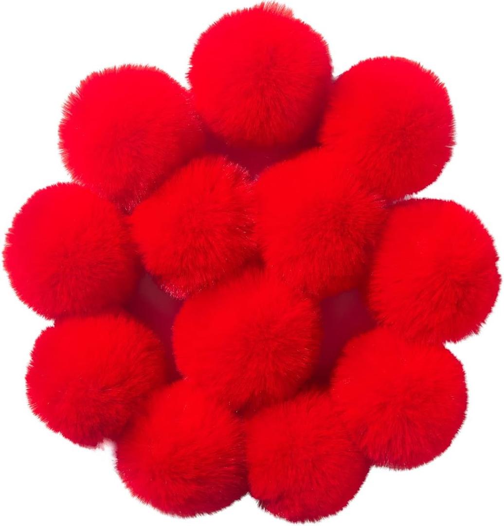2 x 12 Pcs Small Faux Fur Pom Pom Balls 2.75 in Fur Fluffy Pompom Ball with Elastic Loop for Hats, Shoes, Scarves, Gloves, Bags, Key Chain Charms Accessories, 2 3/4 inches (Red)