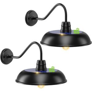 14" Large Solar Barn Lights for Outside, Dusk to Dawn Gooseneck Barn Light Outdoor, 6000mAh Black Outside Wall Mount Light, Waterproof Farmhouse Outdoor Wall Sconces for Porch Garage Shed, 2-Pack
