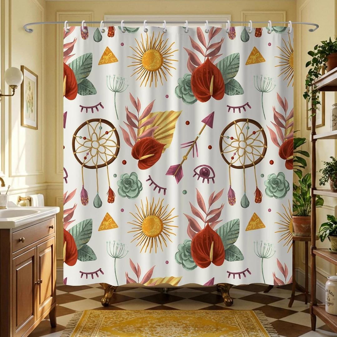 Modern Bohemian Shower Curtains with Sun and Floral Decor,Boho Shower Curtains for Bathroom,Waterproof Polyester Fabric Bath Curtain,72x72 Inch (3)