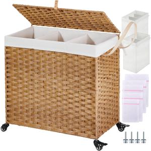 Greenstell Laundry Hamper with Wheels&Lid, 130L Large 3 Sections Clothes Hamper with 2 Types Removable Liner Bags, 5 Mesh Laundry Bags, Handwoven Divided Laundry Basket for Clothes, Natural