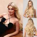 Honygebia Blonde Middle Part Wig - Long Wavy Ombre Blond Wigs with Dark Roots for Women, Curly Synthetic Heat Resistant Hair, Natural Looking Cute Wigs for Halloween/Christmas/Cosplay/Party