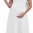 Ruffle Short Sleeve Maternity Dress High Waisted Midi Spring Baby Shower Dresses (Large, White)