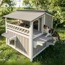 Outdoor & Indoor Wooden Cat House, Weatherproof Two-Story Cat Shelter, Enclosed Multi-Level Cat Home for Cats