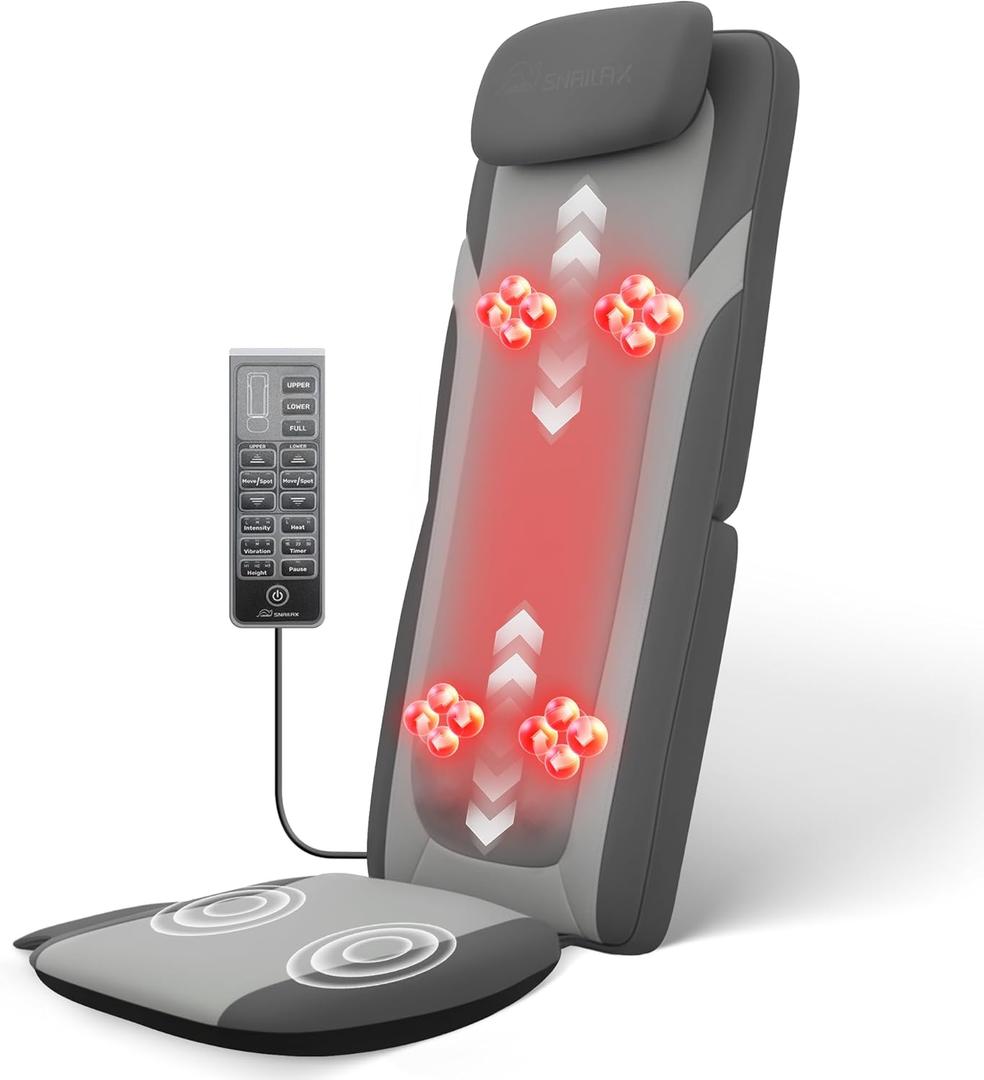 Snailax Back Massager for Full Back Pain Relief Deep Tissue, Long Track Dual 3D Shiatsu Rollers 3 Height Settings Foldable Massage Chair Pad with Heat, Vibration Heated Seat Cushion, Gifts for Mom Dad (Grey)