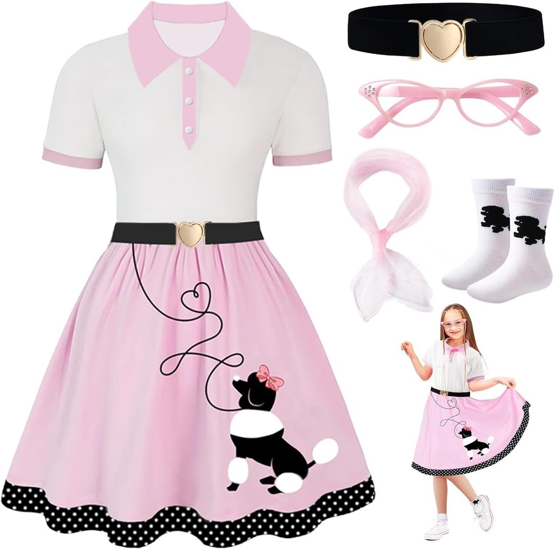 PARTTELY Poodle Skirt, 50s Outfit for Girls, 5PC 1950's Sock Hop Costume with Glasses,Waistband,Scarf and Sock for Halloween Pink Poodle Skirt, 9-10Y