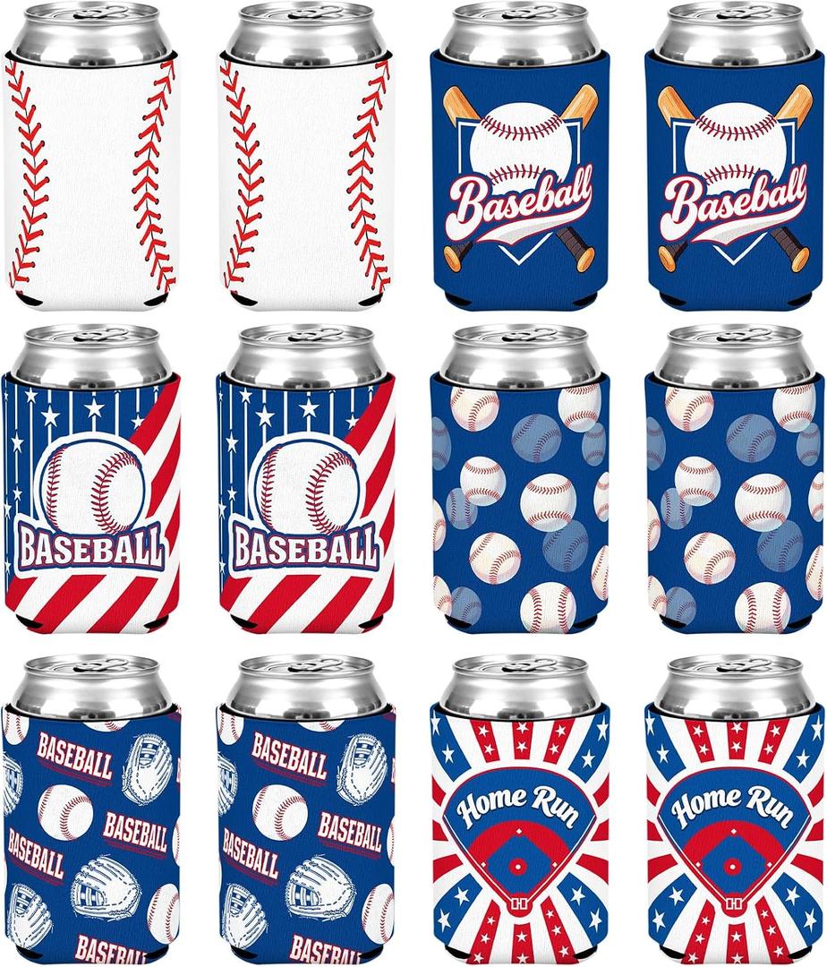 12 Pcs Baseball Party Favors Can Cooler Sleeves Collapsible Insulated Neoprene Drink Bottle Holder for Baseball Lovers Birthday Themed Party Decorations Supplies