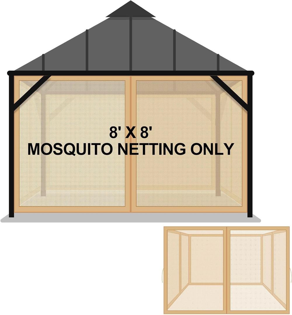 Tatuo Gazebo Universal Replacement Mosquito Netting 8 x 8 ft Outdoor Mesh Net Screen 4 Panel Sidewall Gazebo Curtains, with Zipper for Patio Canopy Porch Garden Camping (Khaki)