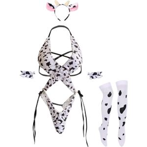 Unibaby Womens Anime Cow Cosplay Milk Leopard Costume Lolita Kawaii Bikini Bodysuit Lingerie Panty Set White Stocking (Cow type 1)