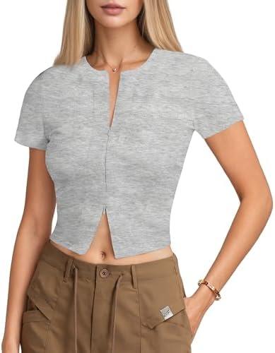 Curvphilo Womens V-Neck Tops Double Zipper Short Sleeve T Shirts Y2K Crop Tops Business Casual Going Out Tops, M