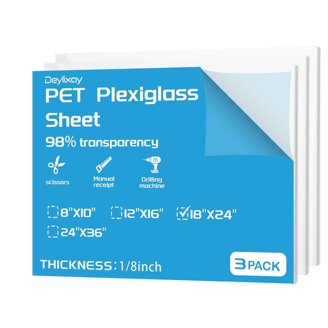 Clear Acrylic Sheet Plexiglass Cut to Size 1/8 Inch Thick 18x24 | 3mm Polycarbonate for Craft Projects, Signs, Window Glass, DIY Projects, Cut with Cricut, Engraver, Saw Or Hand Tools 3Pack