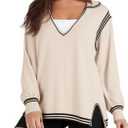 Yousify Womens Long Sleeve Shirts Oversized Casual Lapel V Neck Contrast Split Tunic Tops Loose Knit Pullover Sweaters (Small, Apricot)