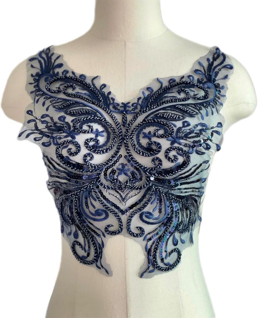 Flower Sequin Appliques, Navy Blue Appliques, Bodice Applique, Beaded Applique for Dresses, Dancewear, Evening Gowns, Apparel and More (Navy Blue)