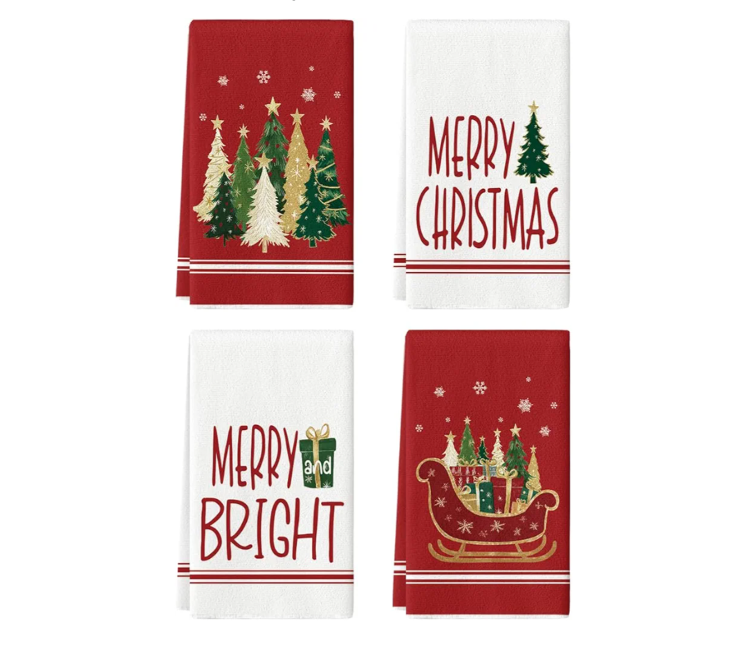 Artoid Mode Red Sleigh Star Xmas Tree Merry Christmas Kitchen Towels Dish Towels, 18x26 Inch Farmhouse Holiday Winter Decoration Cleaning Set of 4