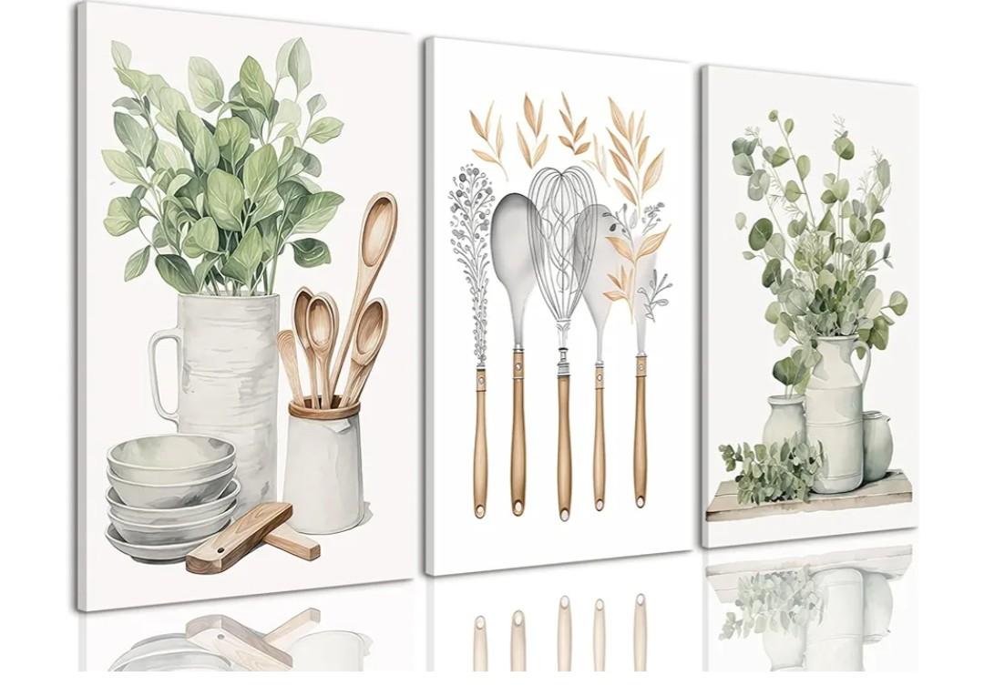 AOYUSMO 3 Piece Canvas Wall Art Kitchen Wall Art Sage Green Pictures Botanical Paintings Farmhouse Artwork Eucalyptus Nature Art Prints for Dining Room 12"x16"