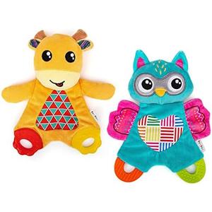 teytoy 2 Pcs Crinkle Toys for Baby with Teether, Baby Teething Sensory Toys Newborn Bib Saliva Soother Towel, Soft Snuggle Sleeping Security Blanket for Unisex Babies 0-36 Months Gifts(Owl and Deer)