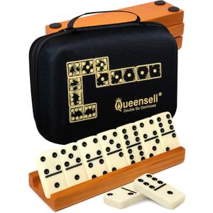 Queensell Dominos Set for Adults with 4 Domino Racks - Double 6 Dominoes Set with Domino Holder, Classic Board Games for Kids and Adults - Double Six Standard Dominos Set 28 Tiles with Travel Case