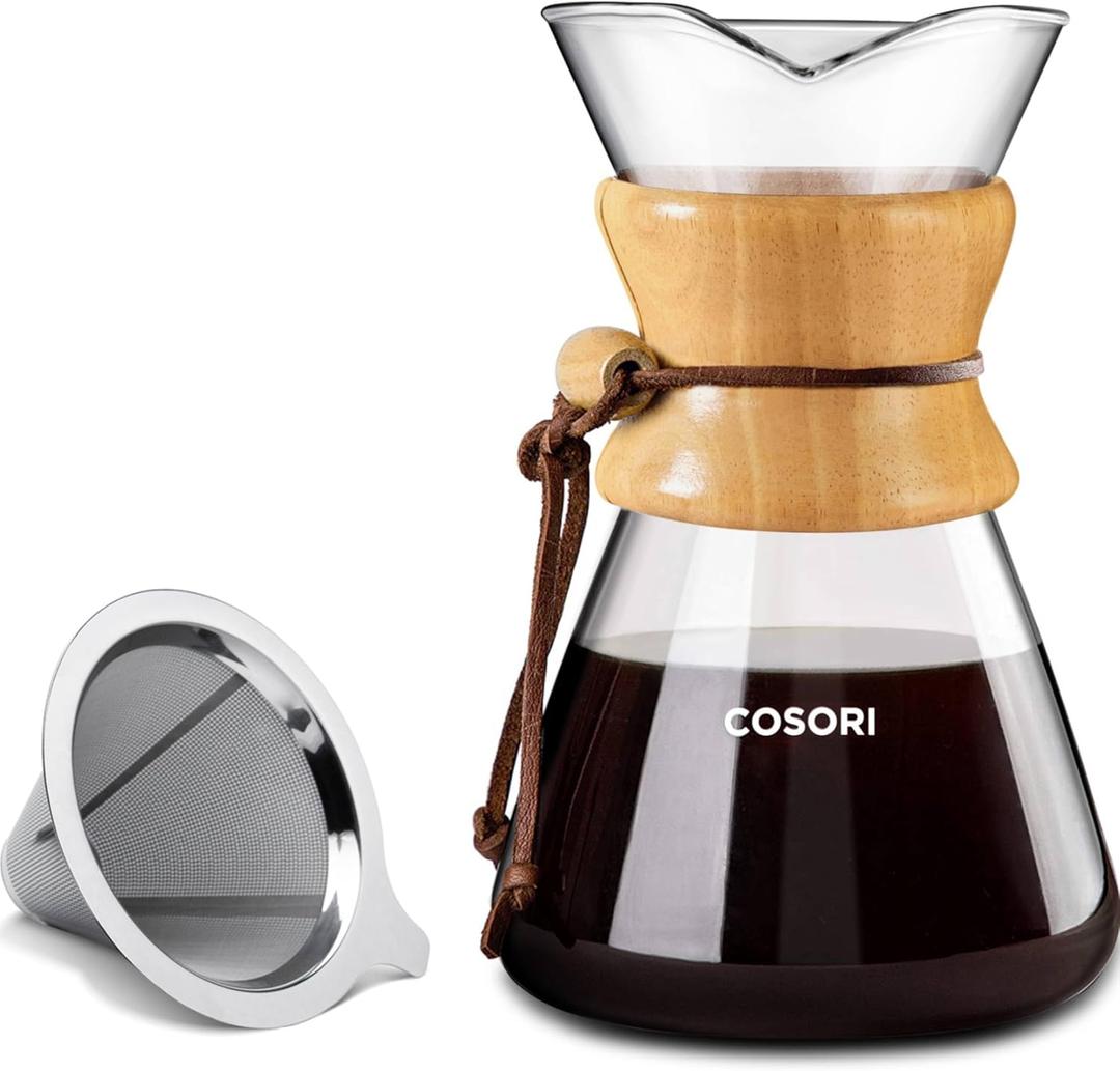 COSORI Pour Over Coffee Maker with Double Layer Stainless Steel Filter, 8-Cup, 34oz, Drip Coffee Maker, Coffee Dripper Brewer, High Heat Resistant Carafe, also for Camping, Hiking (Clear)