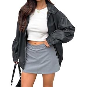Caracilia Women's Oversized Leather Jacket Faux Suede Motorcycle Coat 2025 Fall Fashion Outfits Winter Clothes Dark Green L