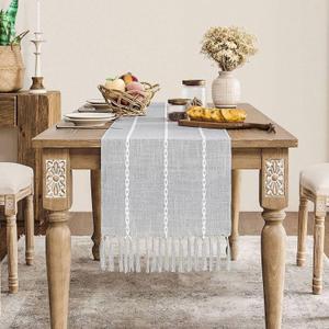 ZeeMart Farmhouse Braided Striped Table Runner, Rustic Grey Table Runners 60 Inches Long Boho Home Decor, Light Grey 15x60 Inches