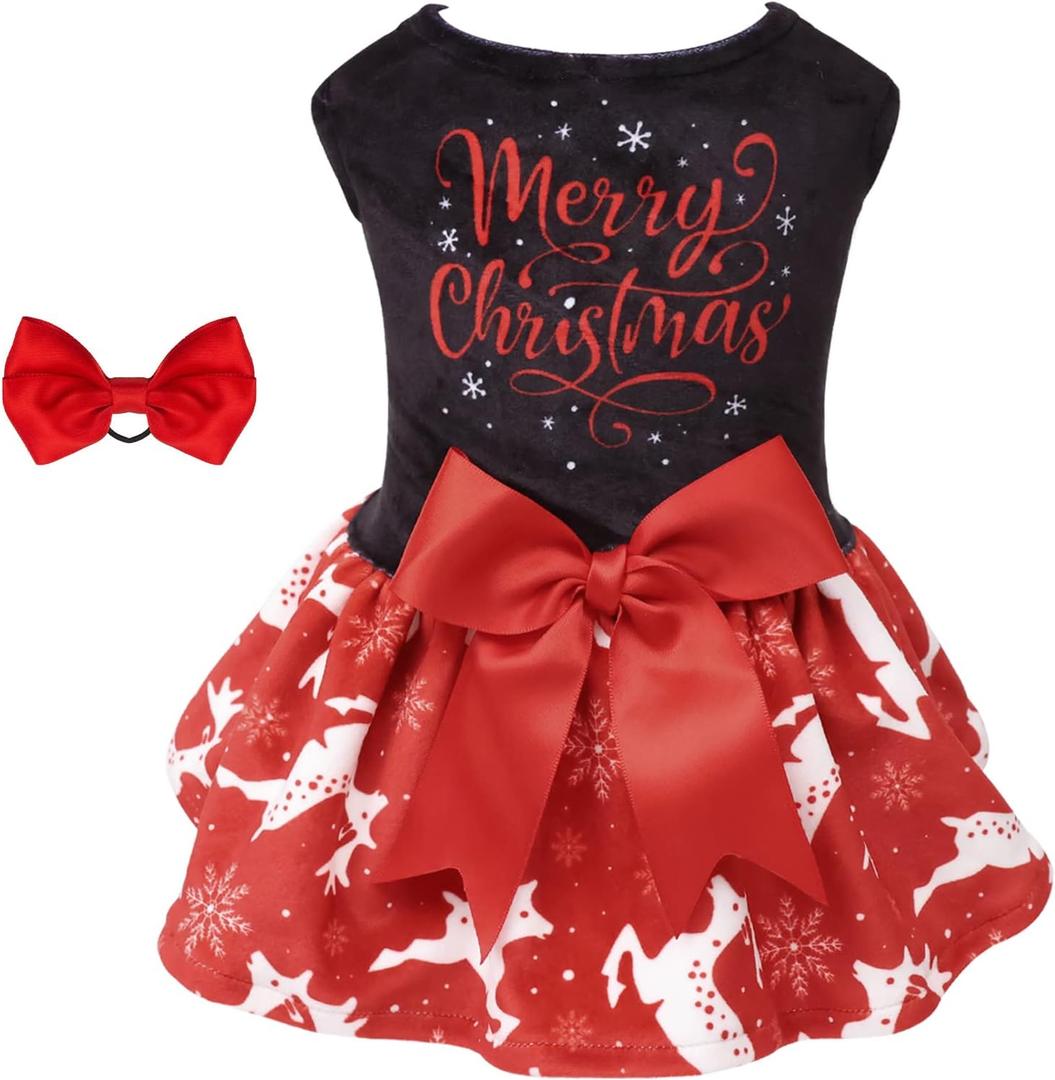 CuteBone Merry Christmas Dog Dress Velvet for Small Dogs Girl Reindeer Puppy Dresses Red Dog Clothes CVA04M-D (Medium, C01-Merry Christmas Reindeer)