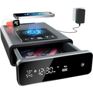 Mboko Biometric Discreet Gun Safe with 12-Hour Time Clock Display, Wireless Charging Pistol Safe for Handgun with Adjustable Brightness, Backlit Keypad, LED Light, Gifts for Mothers DayGray