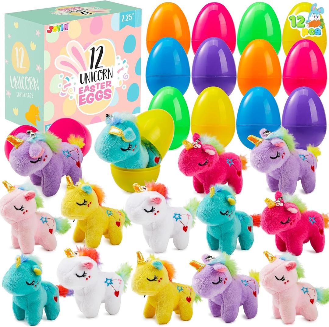JOYIN 12 Pcs Filled Easter Eggs with Plush Unicorn, Bright Colorful Eggs Prefilled with Variety Plush Unicorn for Kids Toddlers Easter Hunt, Basket Stuffers and Party Favors