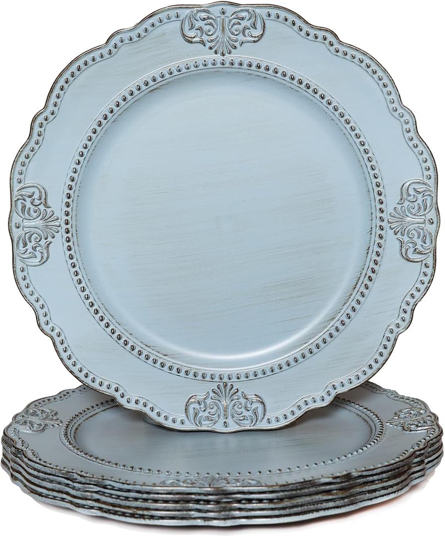 Spsyrine Antique Blue Charger Plates Set of 6, 13" Chargers for Dinner Plates, Wedding, Banquets, Party