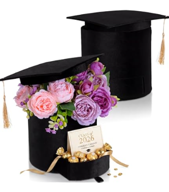 Supervitae 2 Pack 2026 Graduation Cap Flower Gift Boxes Class of 2026 Graduation Hat Box, 7 x 6.5 in Empty Container Gift Box for Grad Ceremony Party Activities Celebrations(Round, Black)