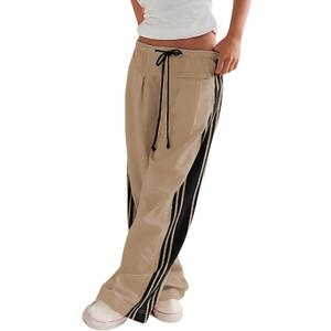 Hongsui Women's Wide Leg Pants Drawstring High Rise Side Striped Slouchy Palazzo Pants with Pockets (Large, Khaki)