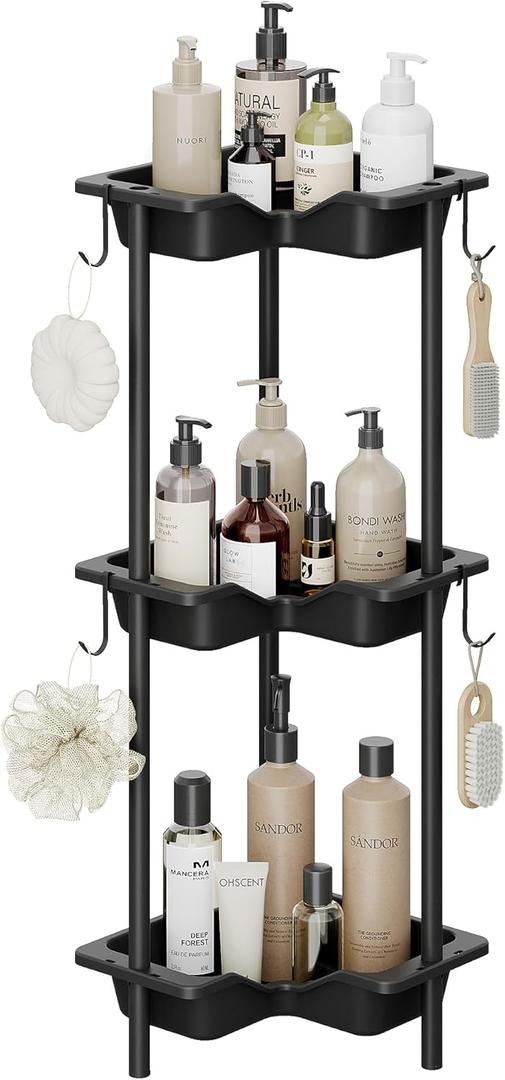 Nieifi Corner Shelf Stand, 3 Tier Storage Organizer Floor Corner Shower Shelves for Bathroom, Toilet (Black)