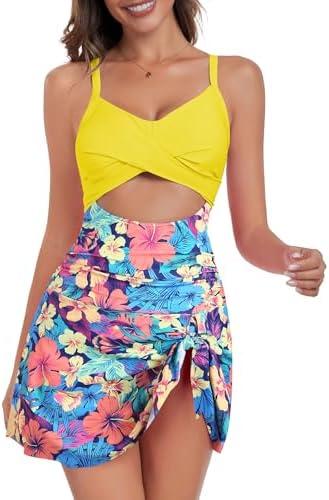 ZAFUL Women One Piece Swimdress Tummy Control Bathing Suit Push Up Swimsuit Modest Swimwear Cutout V Neck Cute Tie Knot Skirt Large, Yellow Floral   ZAFUL Women One Piece Swimdress Tummy Control Bathing Suit Push Up Swimsuit Modest Swimwear Cutout V Neck Cute Tie Knot Skirt Large, Yellow Floral